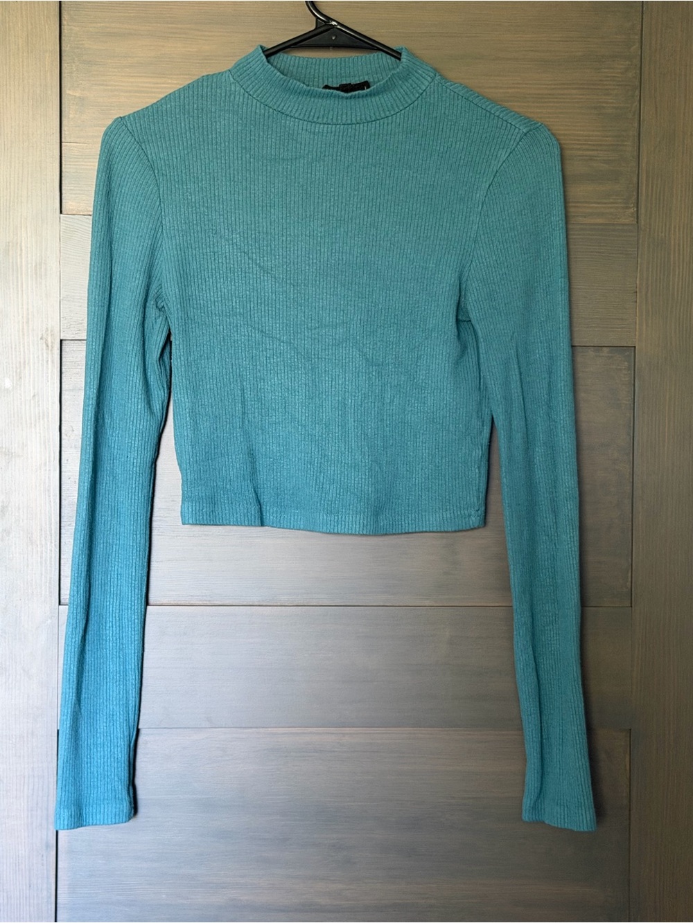 Ribbed Long-Sleeve Cropped Top in Teal
